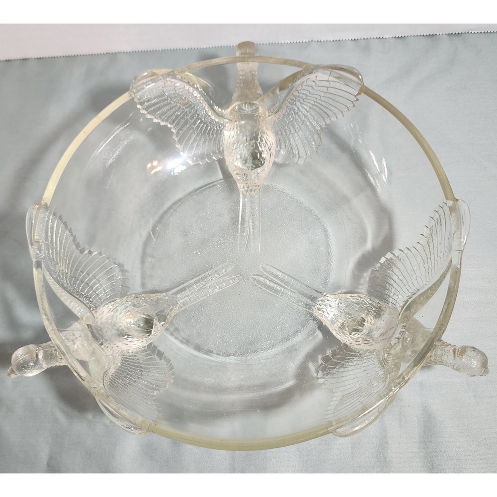 1950s Jeanette Glass Molded Pheasants Centerpiece Clear Glassware Bowl 3-Footed